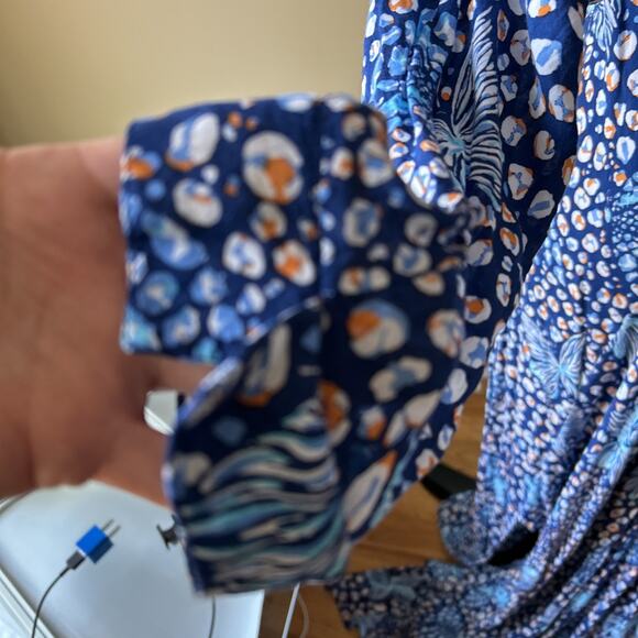 Poupette St Barth Flowy Floral Maxi Dress Blue Sz M Deep Slits LLona Long Sleeve - Picture 4 of 16